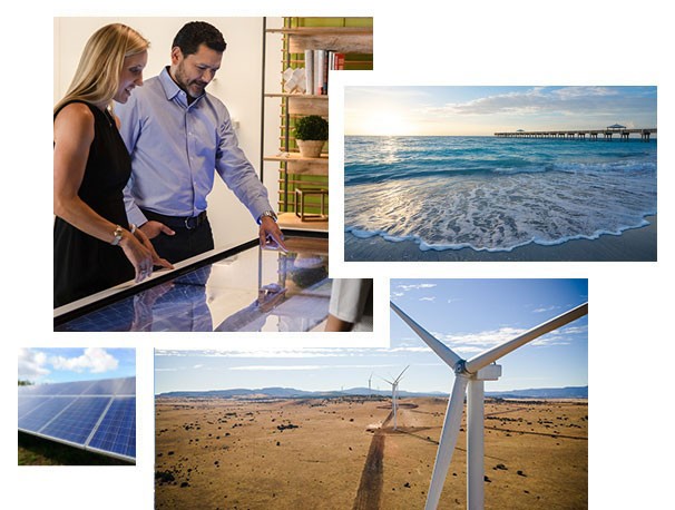 A collage of photos of people,  solar panels, and beach waves